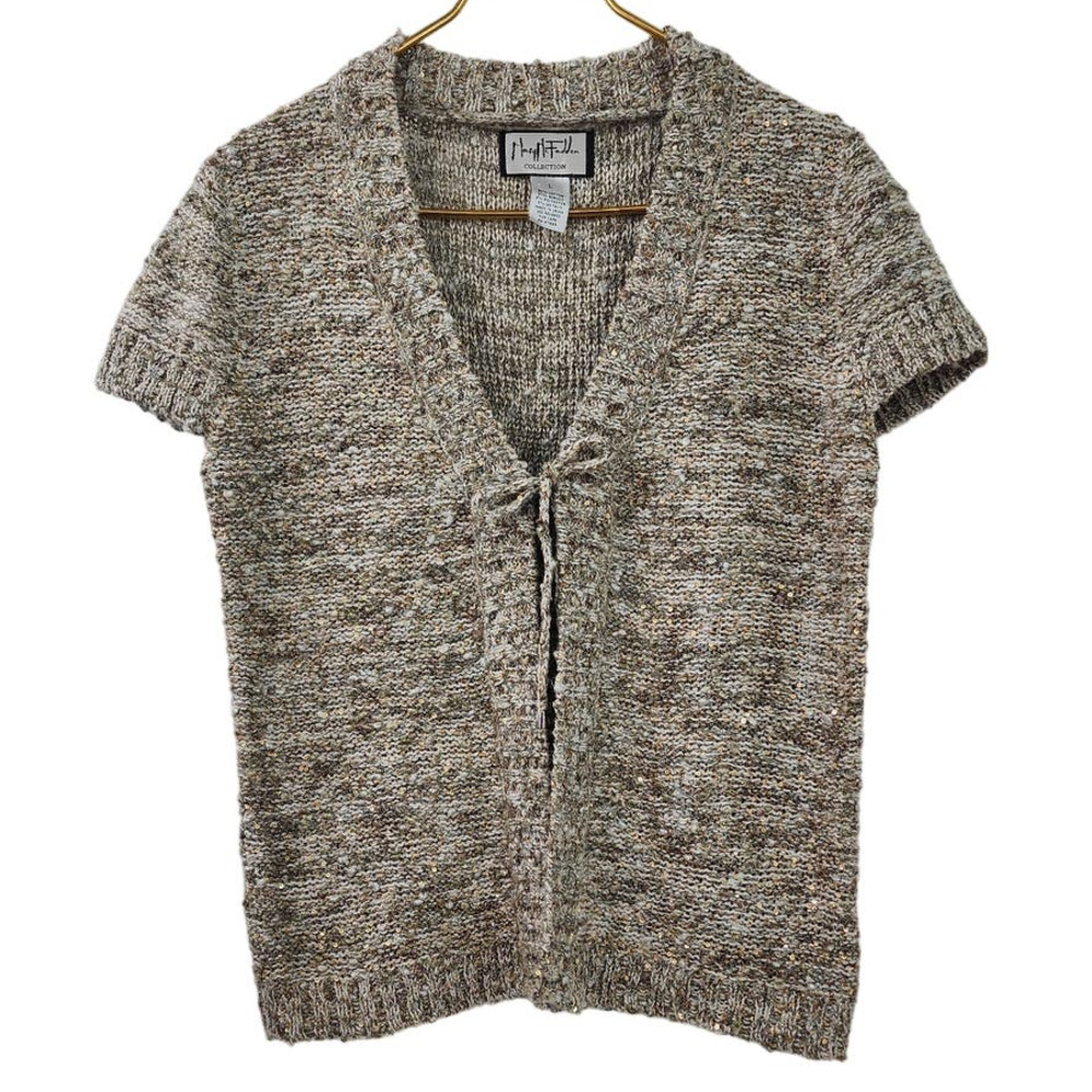 Mary McFadden Sequin Brown Short Sleeve Tie Front Sweater Large